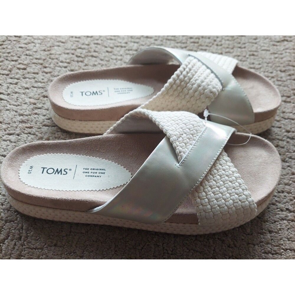 Toms Womens Size 10 Silver Gold Holograph Woven Trim Paloma Platform Slide NWOB